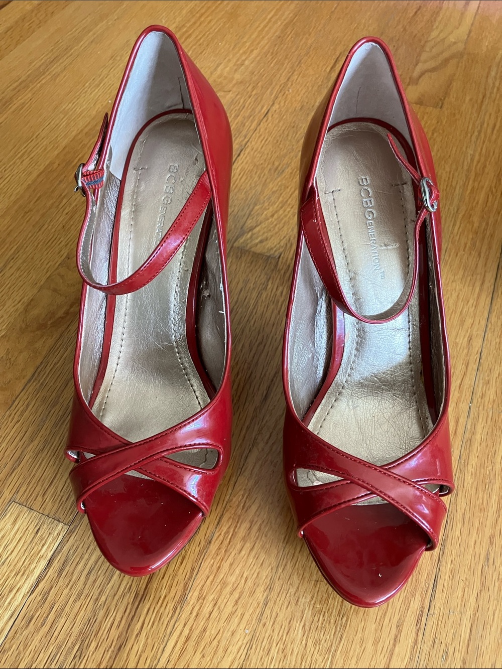 BCBGeneration Red Patent Peep-Toe Mary Jane Heels